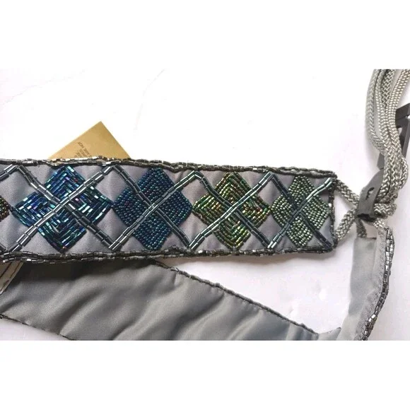 Vintage Christian Dior Ceinture Sash Belt Hand Beaded Grey Satin - Picture 2 of 7